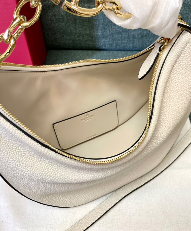 Valentino Small Vlogo Moon Hobo Bag In Grainy Calfskin With Chain